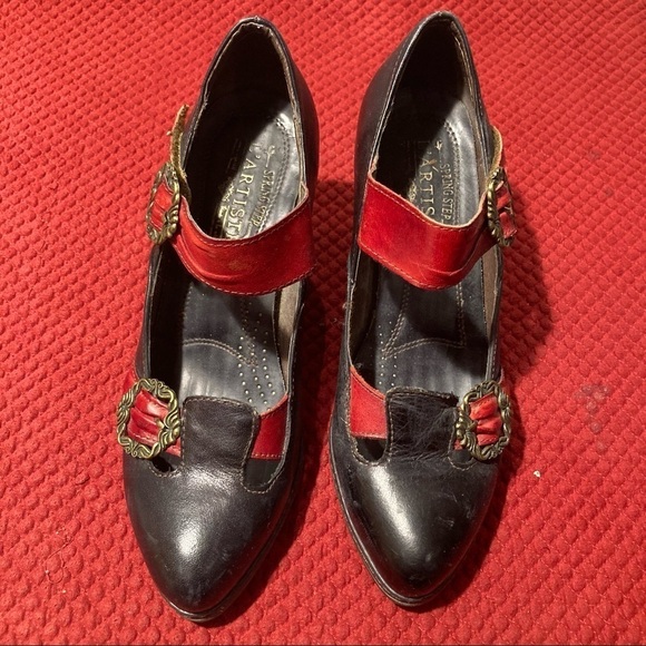 L’ARTISTE Sz 38 Spring Step Black  Red Accent Heeled Shoes Hook & Loop Closure - Picture 2 of 8